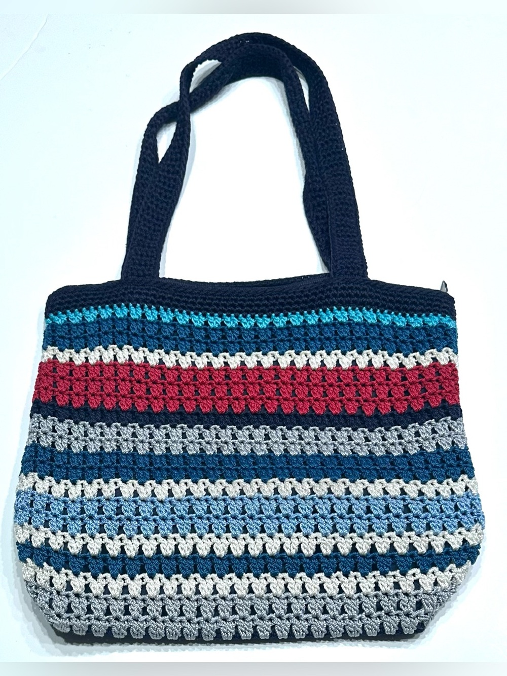 The Sak Navy Crochet Tote Red, Teal, Light Blue, Stripes Shoulder Boho, Hobo Bag